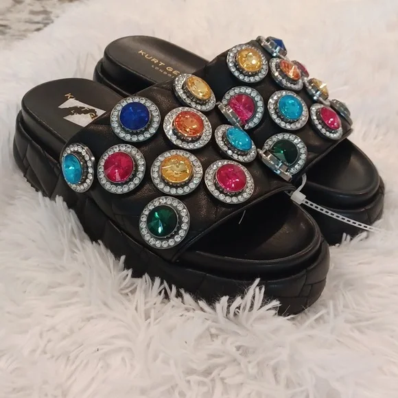 Kurt Geiger Rainbow Rhinestone Gem Crystal Leather Quilted Slip On Sandal New - Picture 10 of 15